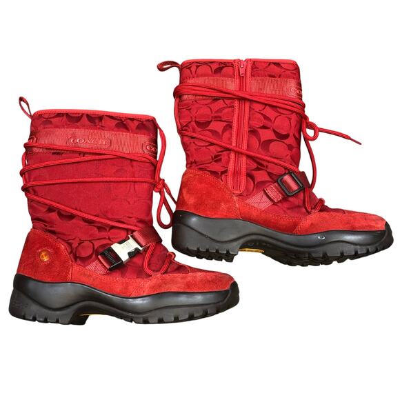 Coach Sela Boots Womens Size 6M Red Winter Snow Vibram Sole Nylon Suede - Picture 1 of 12